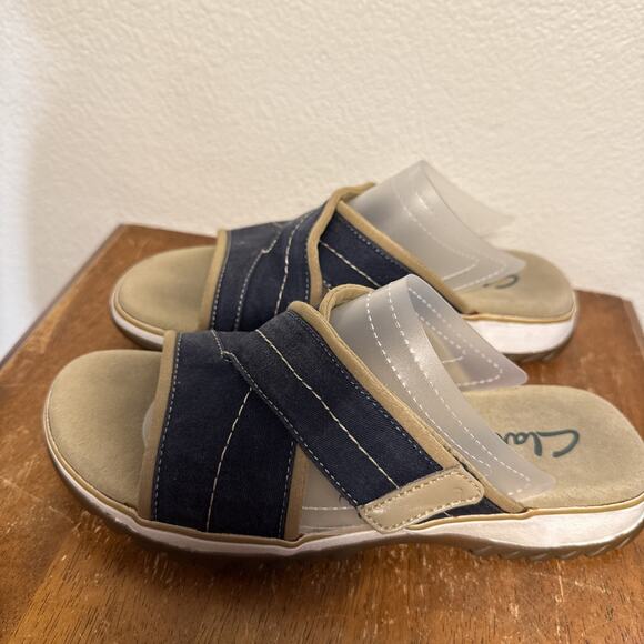Clarks Womens Canvas Sandals Slide Open Toe Comfort Adjustable Band Blue Tan 6 - Picture 6 of 9